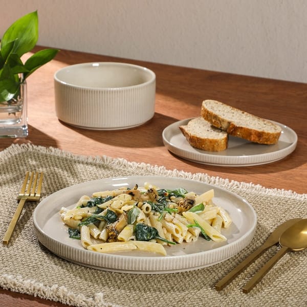 Gibson Elite Solana Coast 12 Piece Stoneware Reactive Glaze (Service for 4) Plates and Bowls Modern Shape Dinnerware Set - Cream White