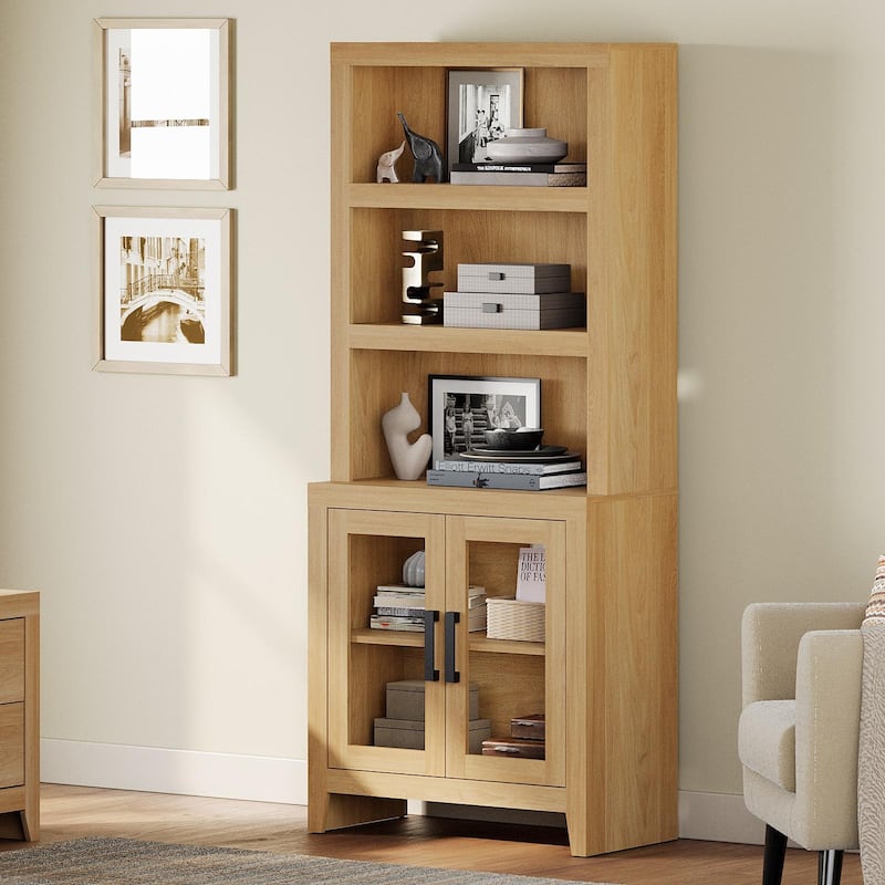 WAMPAT 3 Tier Bookshelf with Glass Door, 74" Tall Bookcase with Adjustable Shelf and Storage Cabinet, Farmhouse Wooden Bookshelf