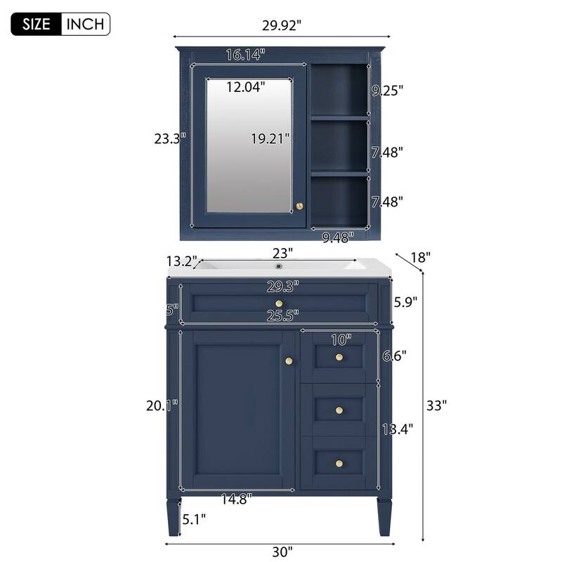 Plywood Freestanding Bathroom Vanity Set in Maple with Integrated Ceramic Sink with Mirror Cabinet - 30“ x 18"