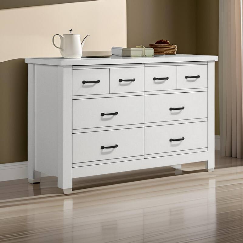 Wide 6-Drawer Crisp White Dresser with Black Handles, Smooth Glide Drawers, and Clean Modern Bedroom Design