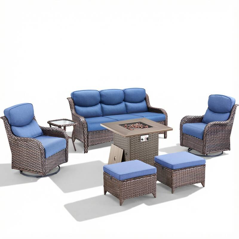 Pocassy Outdoor Propane Fire Pit Table with Sofa Swivel Chair Funiture Set.