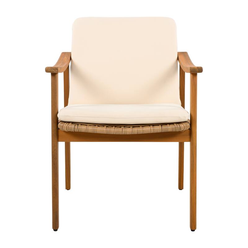 Outdoor Dining Chairs Set of 2, Teak Color Acacia Wood Frame, Brown PE Wicker, Beige Waterproof Cushion