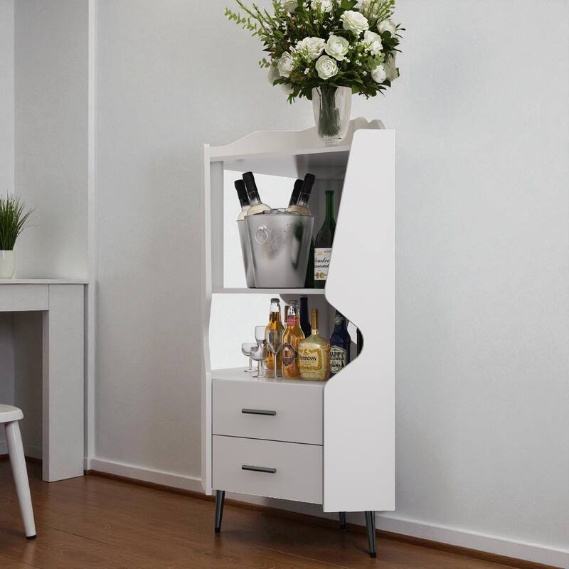Modern Wooden Corner Bar Cabinet with Mirrored Back, 2 Drawers and Open Shelves, Buffet Sideboard for Dining or Living Room
