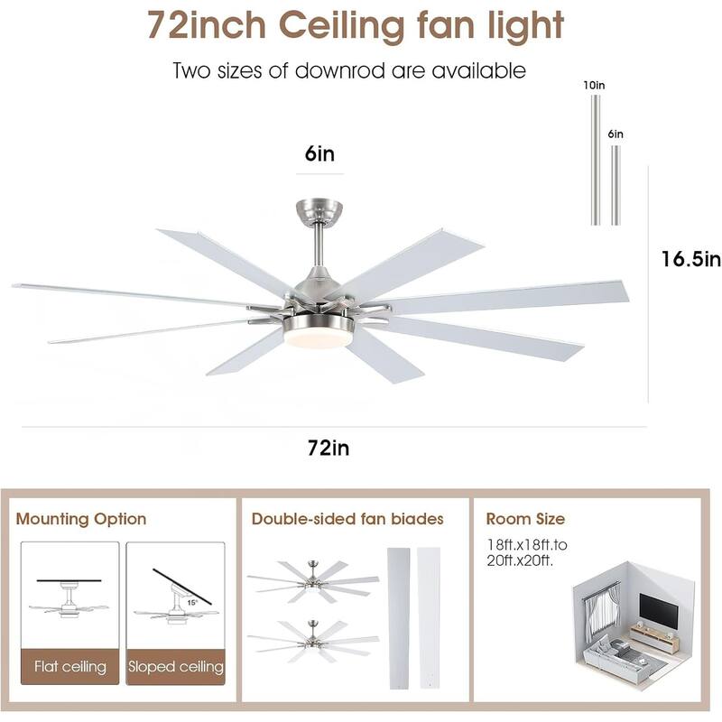72 Inch Nickle Large Ceiling Fan Light with 8 Plywood Blades,Remote and APP Control - 72 Inches