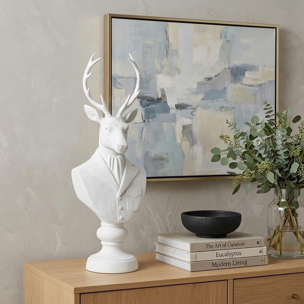HomeRoots 23" White Polyresin Suited Deer Bust Tabletop Sculpture - 6.00 in. x 23.00 in. x 8.00 in.