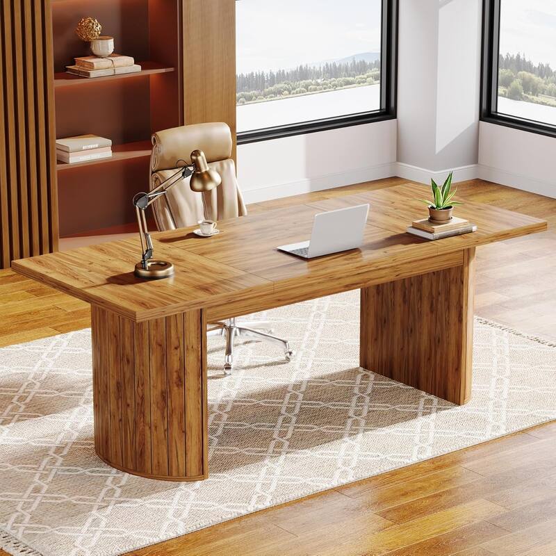 Brown Wood 78.7 Inches Long Computer Desk Large Executive Desk