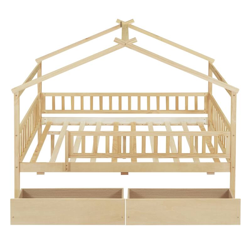 Full Size Wooden House Bed with Two Drawers, Natural