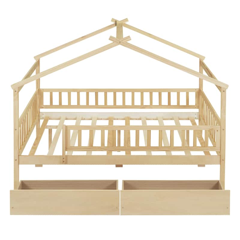 Kids Funny Canopy Bed Wooden Frame House Bed Full Size Platform Bed Daybed with Roof, Safety Guardrail and Drawers