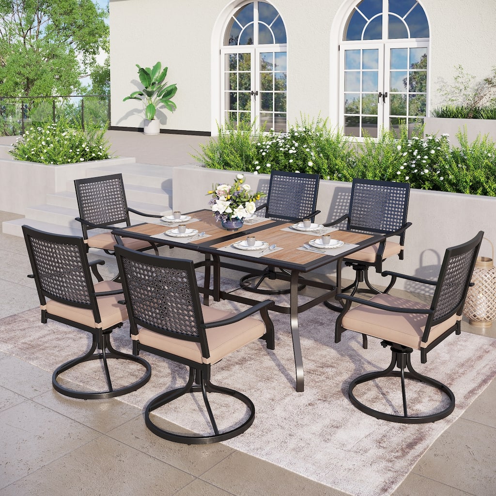 7-Piece E-coating Metal Patio Dining Set of 6 Swivle Chairs and 1 Metal Framed Table with Wood-like Table Top - N/A