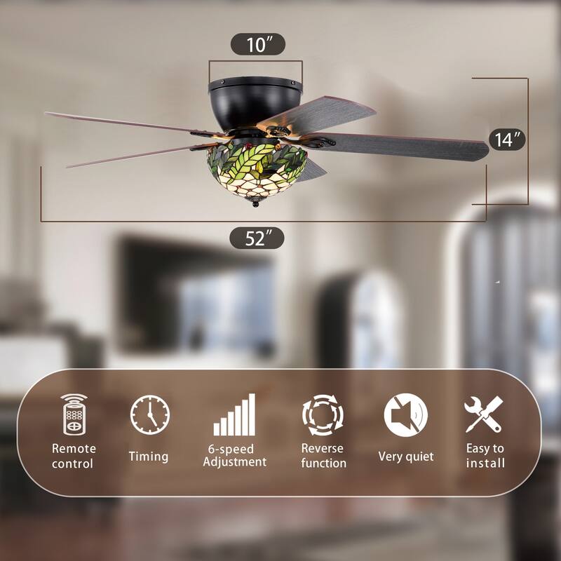 Kyemon 52-Inch Flushmount Lighted Ceiling Fan White Green Fronds Tiffany Glass Lamp Black Finish