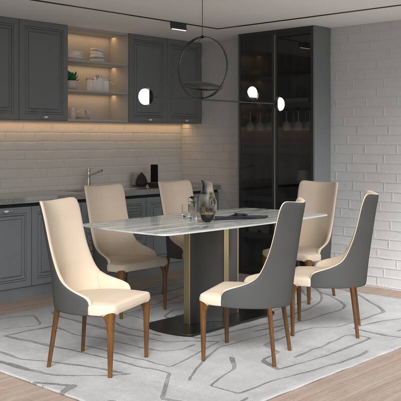 7-Piece Dining Set with 55-Inch Sintered Stone Dining Table and 6 Velvet/Leather Accent Side Chairs