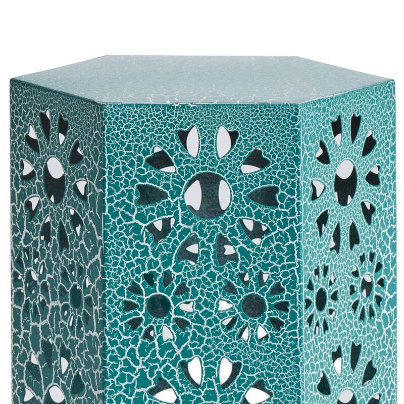 Liana Outdoor Side End Table, Flower Cutout, 12 Inch Top, Teal Blue