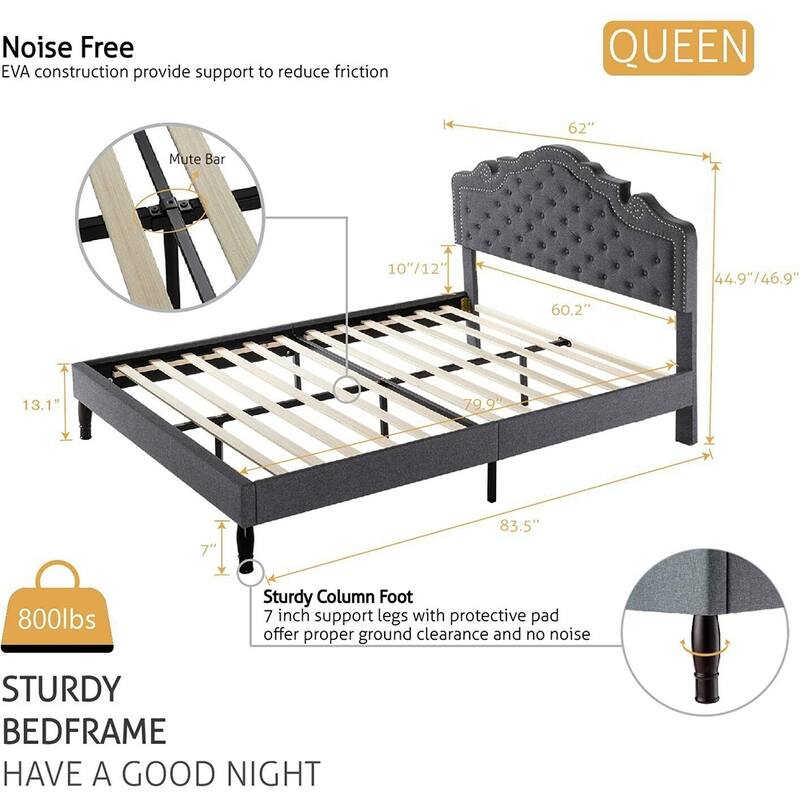 Queen Bed Frame with Diamond Button Adjustable Headboard, Dark Grey