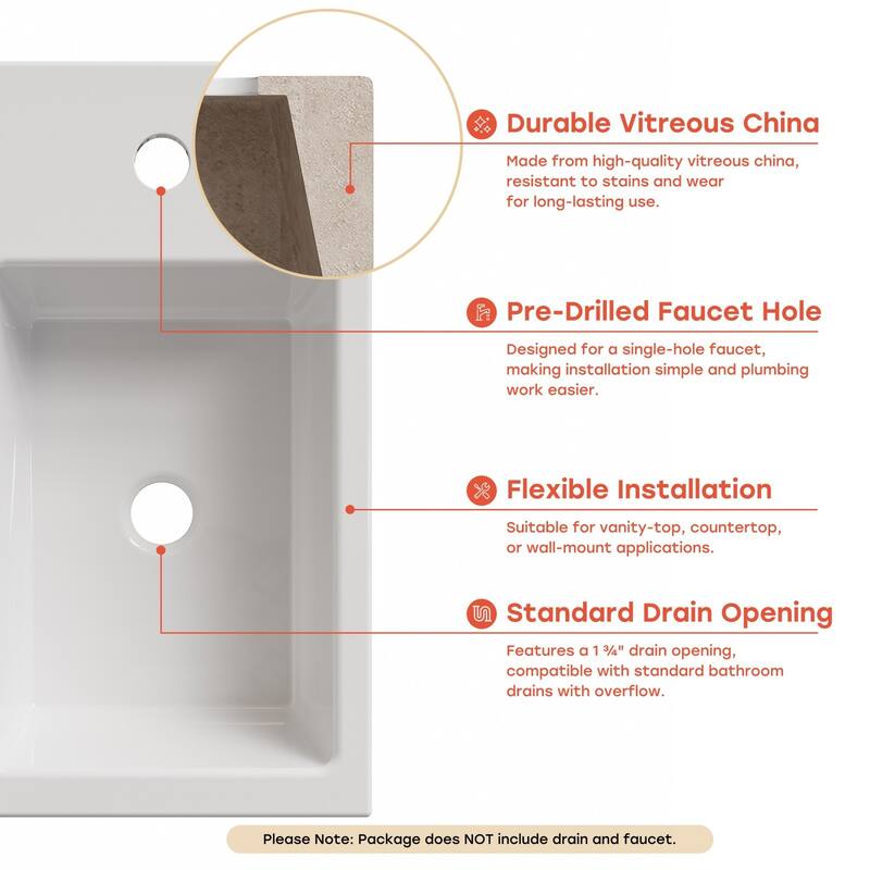 HOROW Right Hand White Ceramic Wall-Mounted Rectangle Vessel Sink Porcelain - N/A