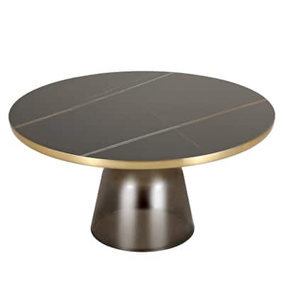 30-Inch Round Coffee Table Glass/Stone Tabletop with Gold Iron Rim Frame Glass Pedestal Base
