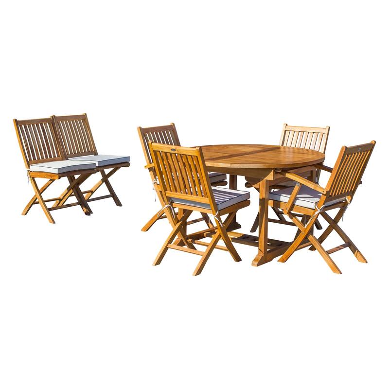 Chic Teak 7 Piece Teak Wood Santa Barbara Patio Dining Set with Round to Oval Extension Table, 2 Arm Chairs and 4 Side Chairs