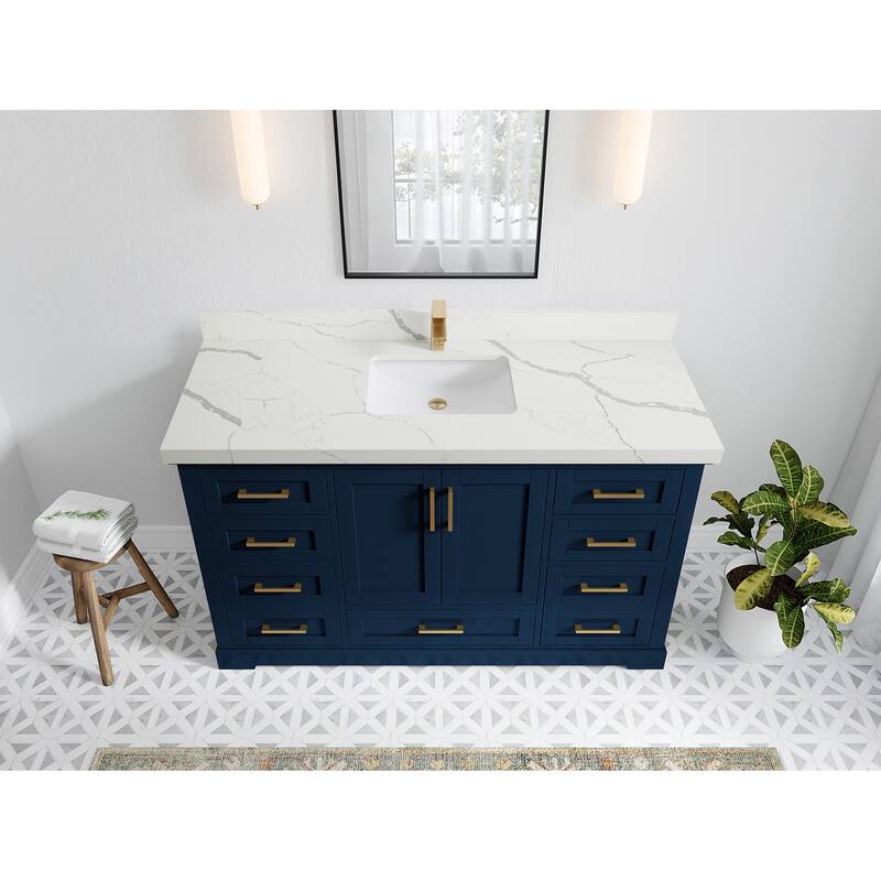 Willow Collection 60 in W x 22 in D x 36 in H Boston Single Bowl Sink Bathroom Vanity with Countertop - 2"Calacatta Laza - Navy Blue