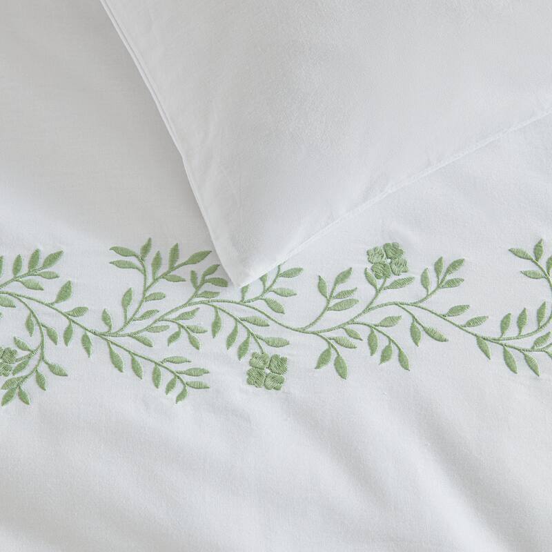 Martha Stewart Garden Path Embroidery Green Cotton Duvet Cover Set