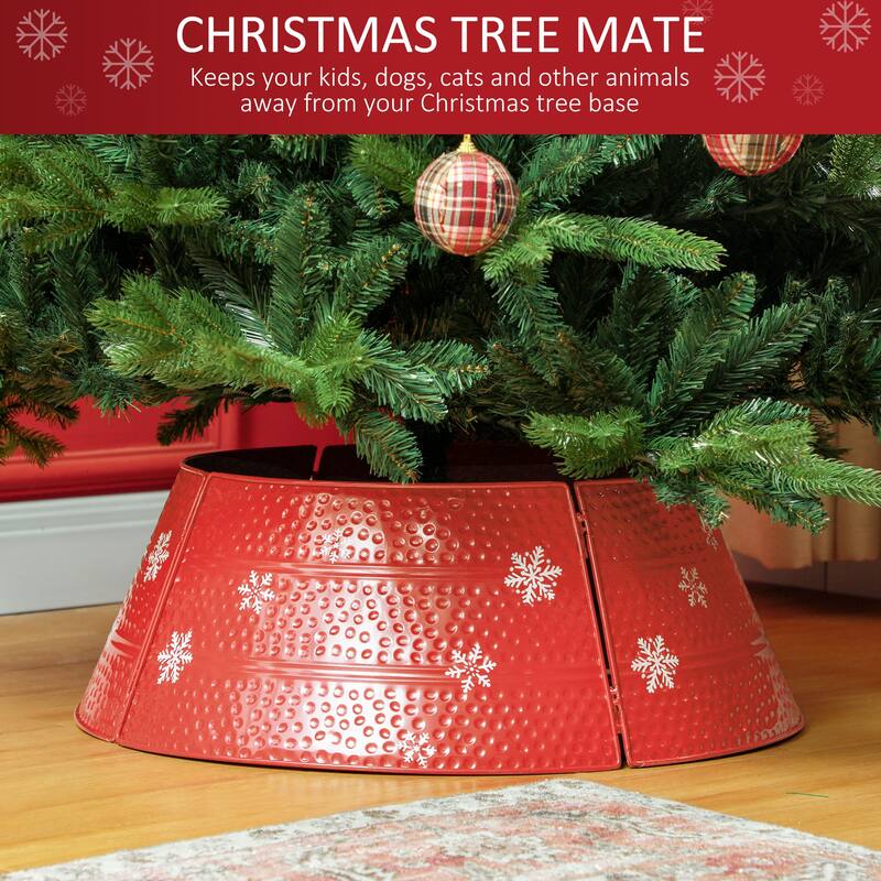 26" Red Christmas Tree Collar with Snowflake Design and Metal Base Cover for Holiday Decor - 26" x 9" H