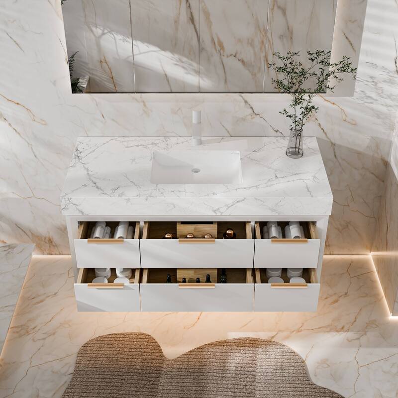 Modland 48" Modern Floating Bathroom Vanity with Single Sink, Soft-Close Drawers, White Stone Countertop