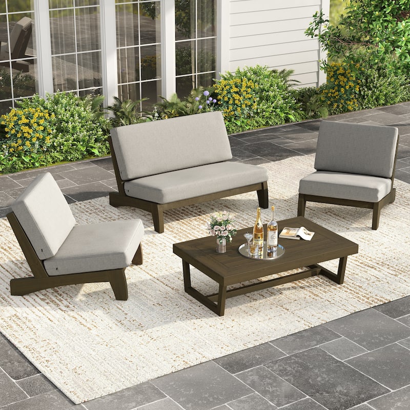 4 Piece Outdoor Wood Loveseat Chair Conversation Set with Cushion
