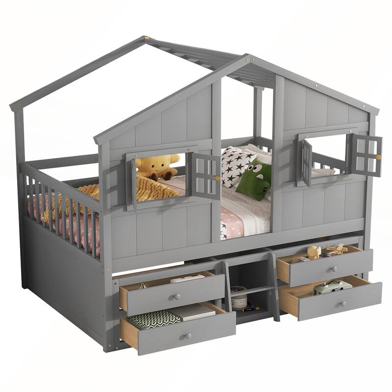 Full Size House Loft Bed with 4 Storage Drawers and Safety Guardrails