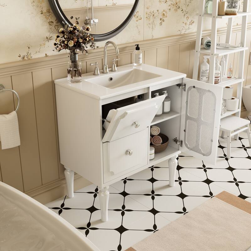 30" Bathroom Vanity with Ceramic Sink Combo, Freestanding Single Vanity with 2 Drawers, Frame Bathroom Storage Cabinet