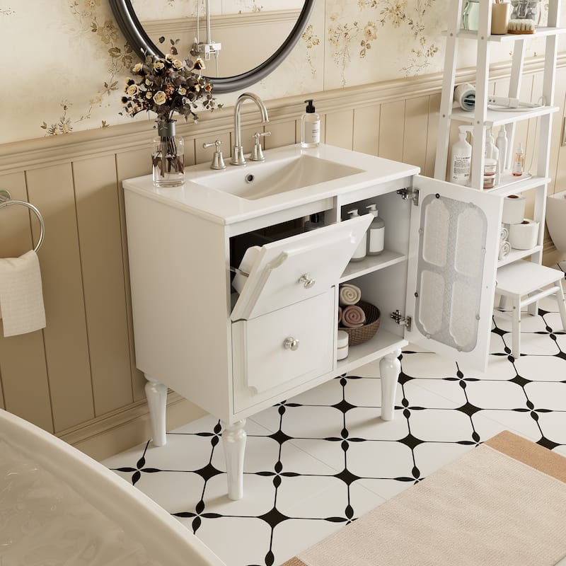 Retro Style 30'' Bathroom Vanity with Ceramic Sink Combo, Freestanding Single Vanity with 2 Drawers
