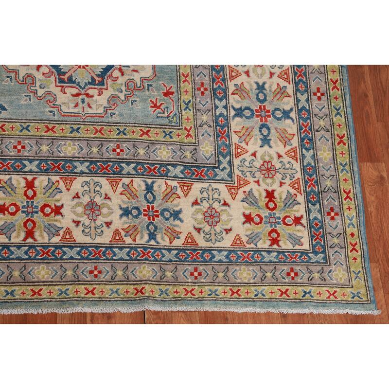 Hand Knotted Oriental 100% Wool Carpet Traditional Geometric Navy Blue & Blues Kazak Area Rug - 16' 6'' X 9' 7''