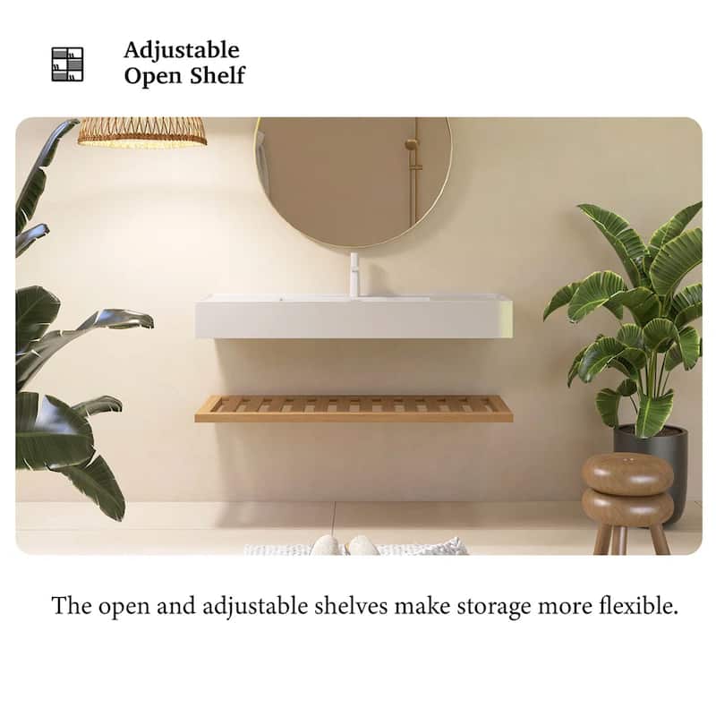 Wall-Mounted Bathroom Vanity in Natural Wood with White Integrated Acrylic Sink