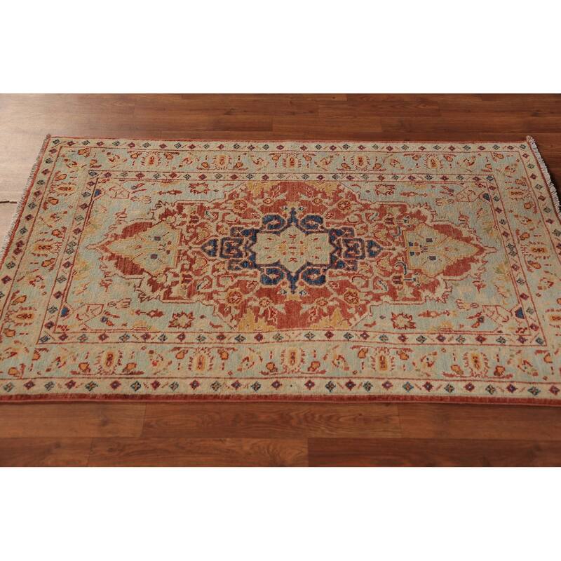 Geometric Heriz Serapi Vegetable Dye Accent Rug Handmade Wool Carpet - 3'0"x 4'10"