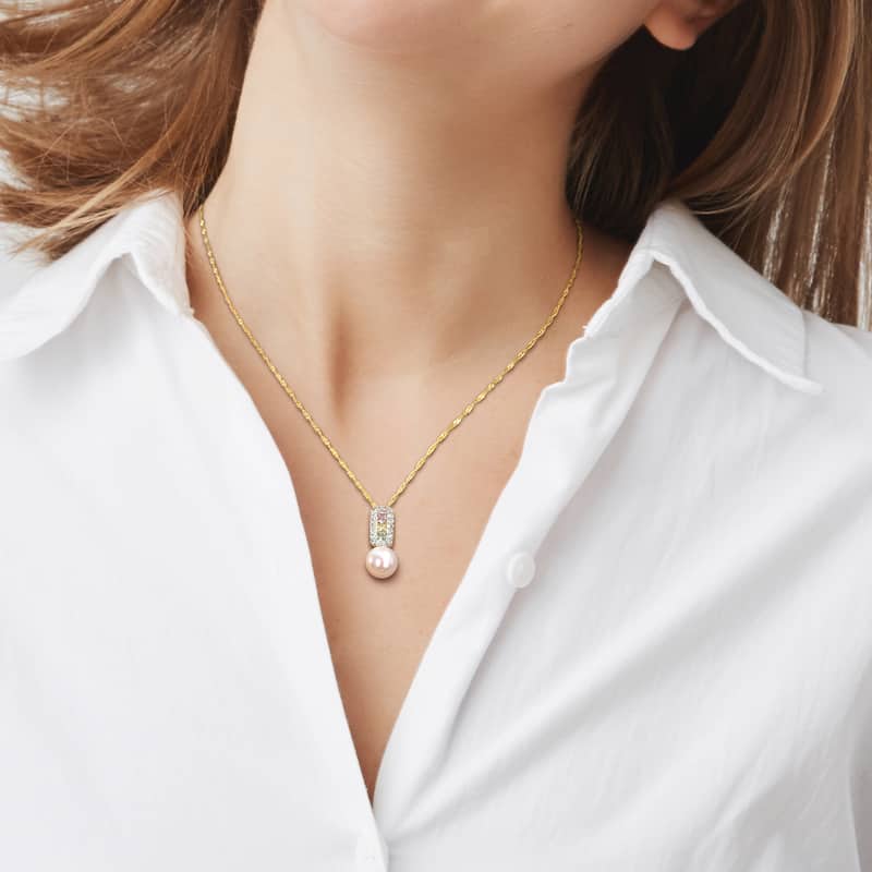 Miadora 8.5-9mm Cultured Freshwater Pearl and 7/8 ct TGW Multi Color Sapphire Halo Drop Pendant and Chain in 14k Yellow Gold