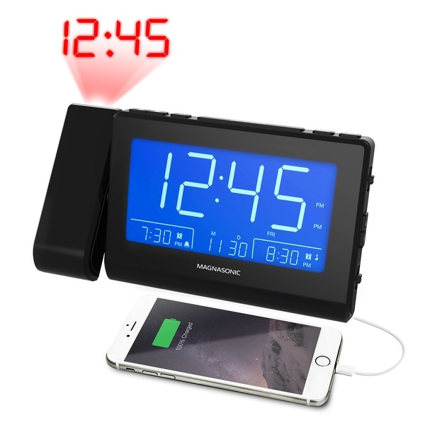Magnasonic Bluetooth Speaker Alarm Clock Radio with Dual USB, Time Projection, Auto Dimming & Custom Alarm Recording. Opens flyout.