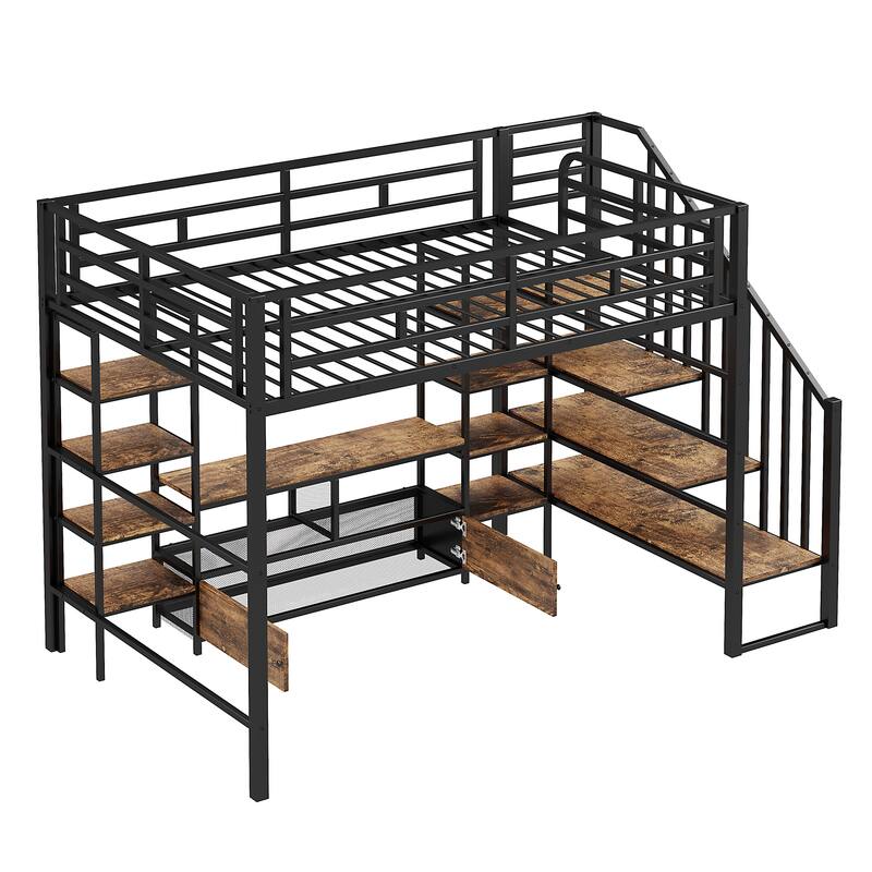 Durable Full Metal Loft Bed with Built-In Storage Desk, Shelves, and Full-Length Guardrails for Enhanced Safety