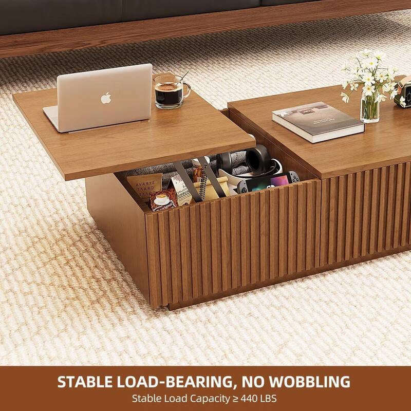 51.1'' Modern Lift-Top Coffee Table with Hidden Storage & Sliding Drawers, Satin Walnut Finish, Rectangular Center Table