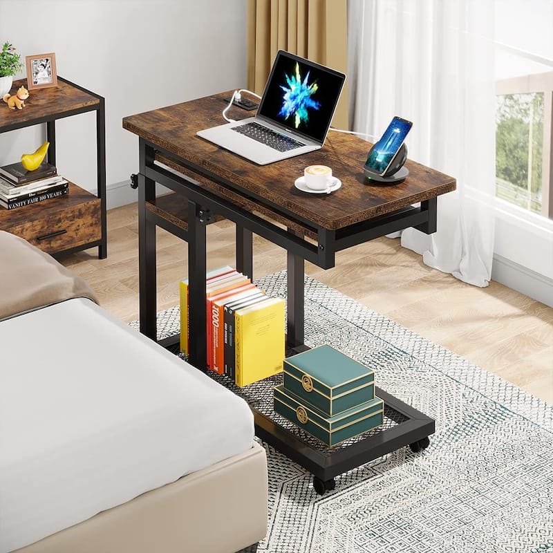 Height Adjustable Small Portable Desk, C Side Table with Outlet and USB