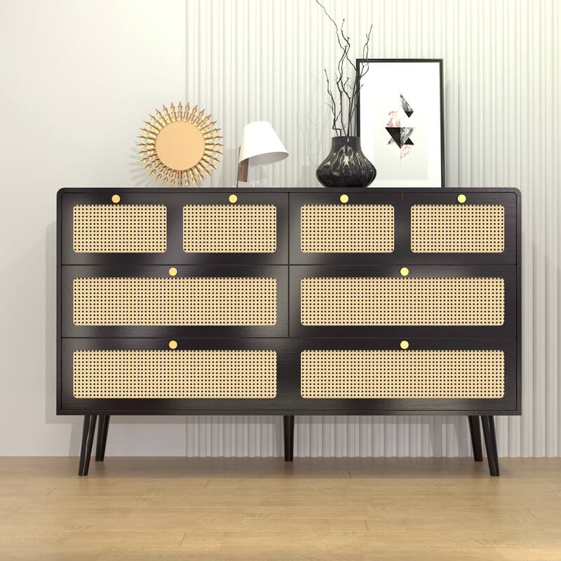 Rattan Dresser Chest with Wide Drawers and Metal Handles