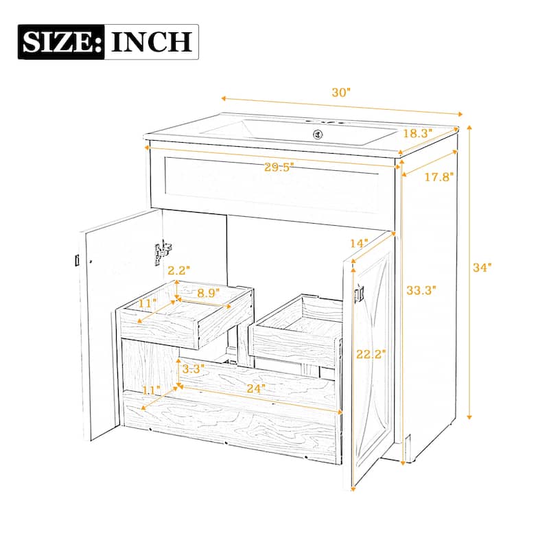 30 Inch Modern Bathroom Vanity with Sink, Solid Wood Frame, Undermount Basin, Storage Rack & 2 Doors