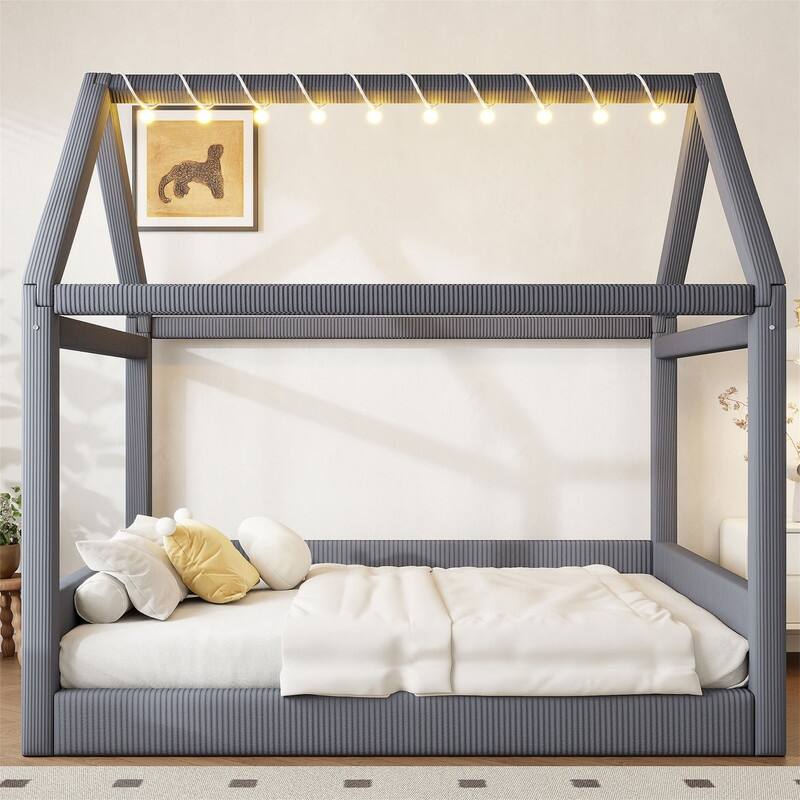 Full Size Upholstered House Daybed with LED Light Strips, Modern House Floor Bed Montessori Bed with Roof Design for Kids