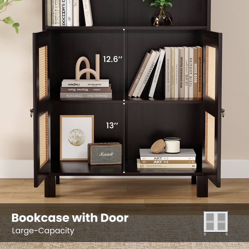 Tall Bookcase with Rattan Doors,5 Tier Storage Wood Shelves Large Bookshelf for Library Living Room Bedroom Home Office