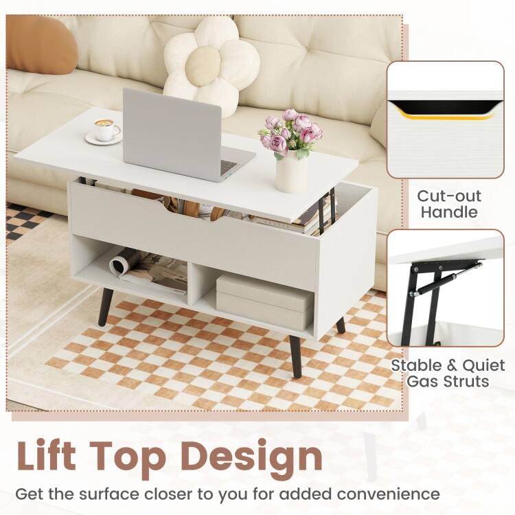 31.5 Inch Lift Top Coffee Table with Hidden Compartment and 2 Storage Shelves - 31.5" x 15.5" x 17.5" (L x W x H)
