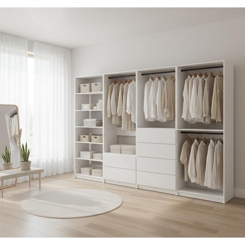 Prosper White Freestanding Walk in Wood Closet System - 125.6"W x 15.7"D x 83" H