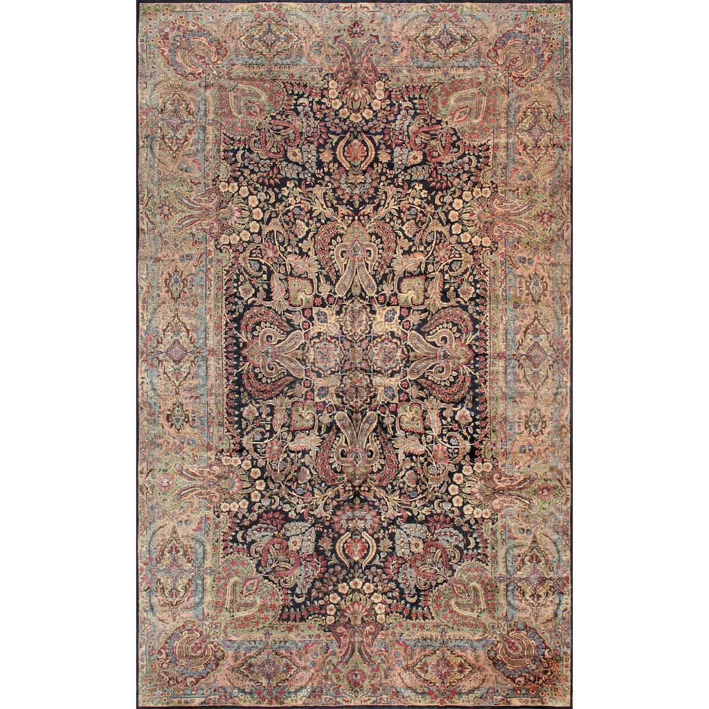 Pasargad Home Antique Kerman Collection Wool Area Rug, Navy/Rose - 10' 9" X 17' 8"