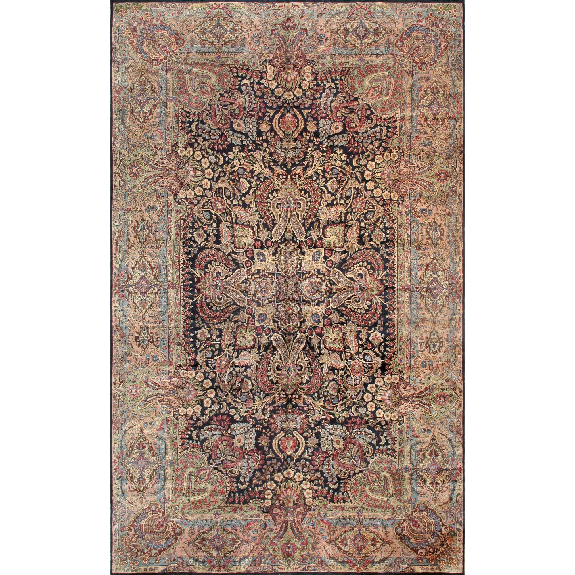Pasargad Home Antique Kerman Collection Wool Area Rug, Navy/Rose - 10' 9" X 17' 8"