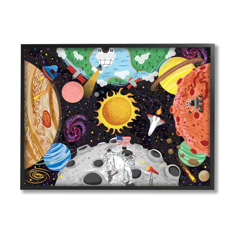 Stupell Lively Outer Space Planets Astronauts on Moon Framed Wall Art - Multi-Color