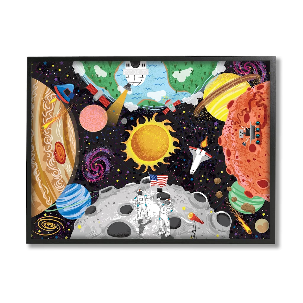 Stupell Lively Outer Space Planets Astronauts on Moon Framed Wall Art - Multi-Color