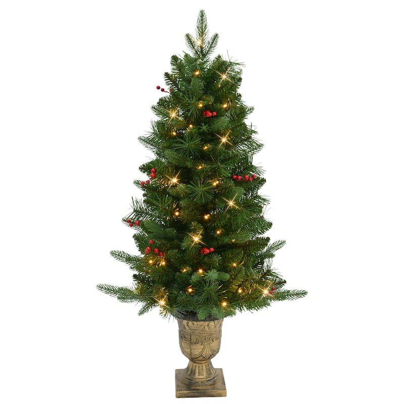 Puleo International Set of 2 Artificial Battery-Operated Pre-Lit Potted Oregon Fir Trees