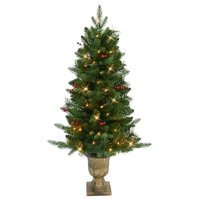 Puleo International Set of 2 Artificial Battery-Operated Pre-Lit Potted Oregon Fir Trees