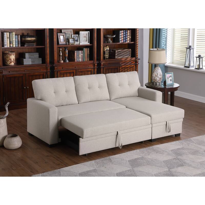 Beige Linen Upholstered Pull out Sectional Sofa with Chaise