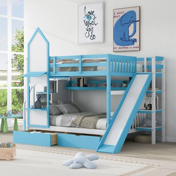 slide 2 of 8, Impression Sturdy Wooden Full-Over-Full Castle Style Bunk Bed with 2 Drawers 3 Shelves and Slide Blue